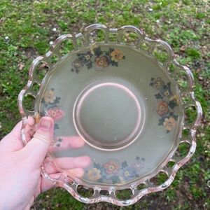 Vintage 1930s Lancaster Glass Open Work Frosted Decorated Pink 7.5" Serving Bowl